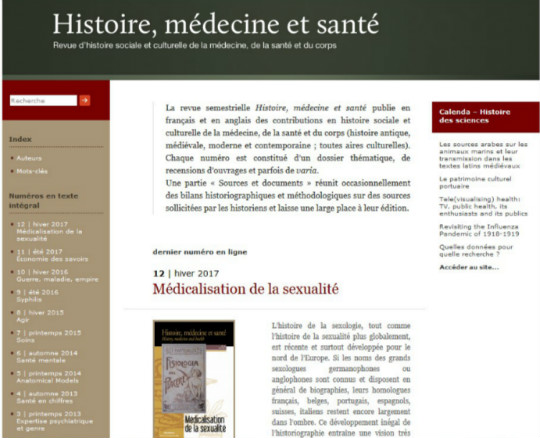 Capture d'écran du site de la revue Histoire, médecine et santé